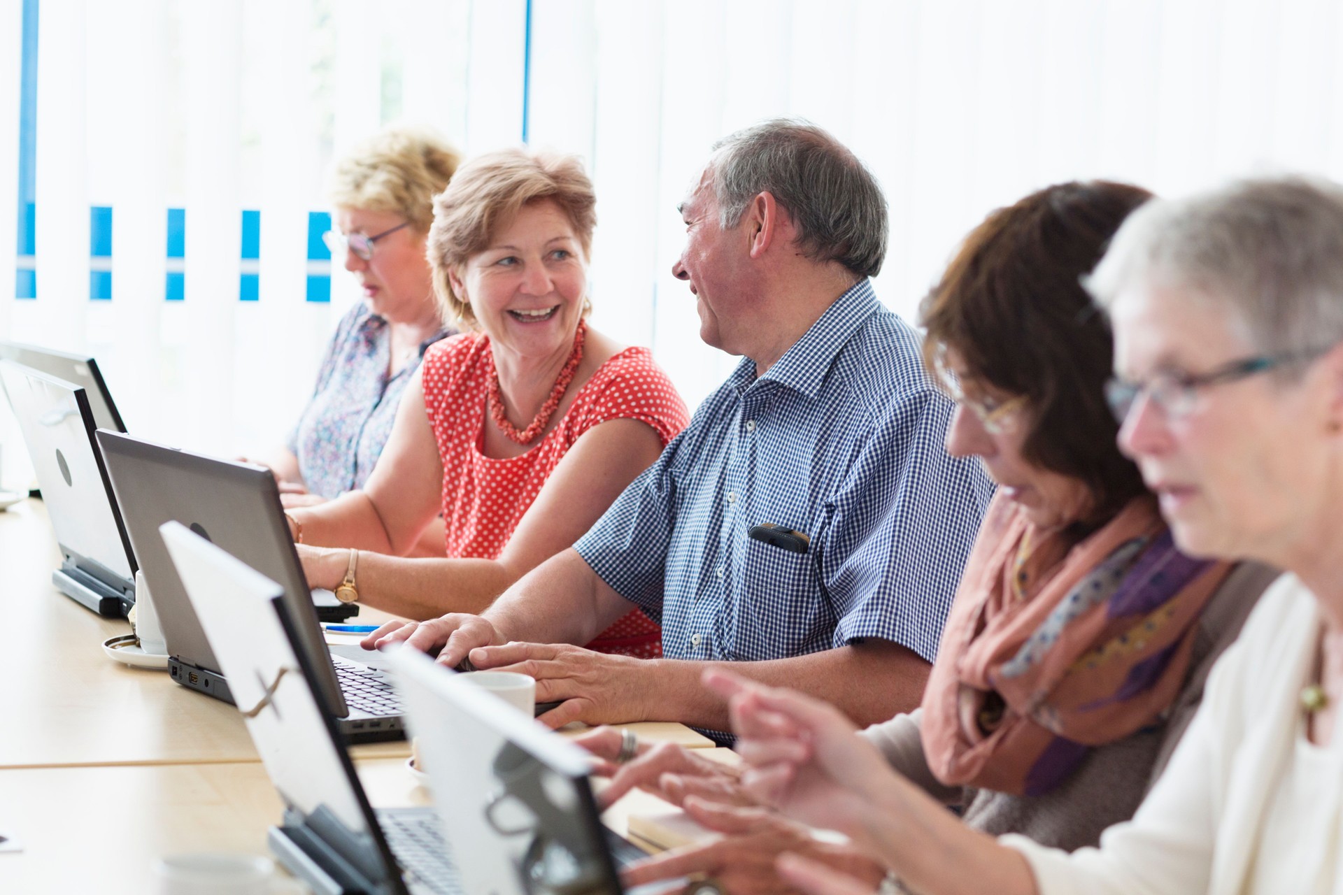 senior adults learning aand having fun  in computer lab